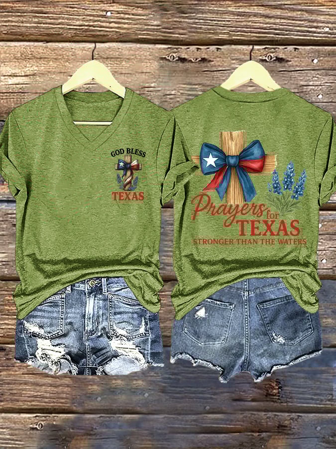 ππJoin us in praying for Texas.πV-Neck Retro Texas Strong Prayers For Texas Stronger Than The Waters God Bless Texas Print T-Shirt