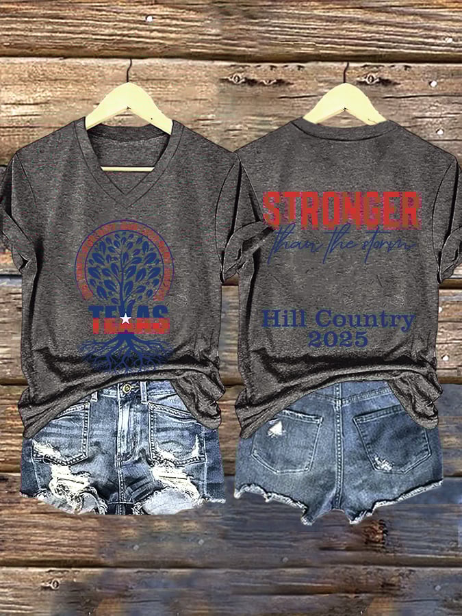 ππJoin us in praying for Texas.πV-Neck Retro Our Roots Run Deep Our Love Runs Deeper Texas Stronger Than The Storm Kerrville 2025 Print T-Shirt