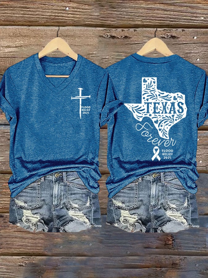 Women's Texas Flood TEXAS Forever Print V-Neck T-Shirt