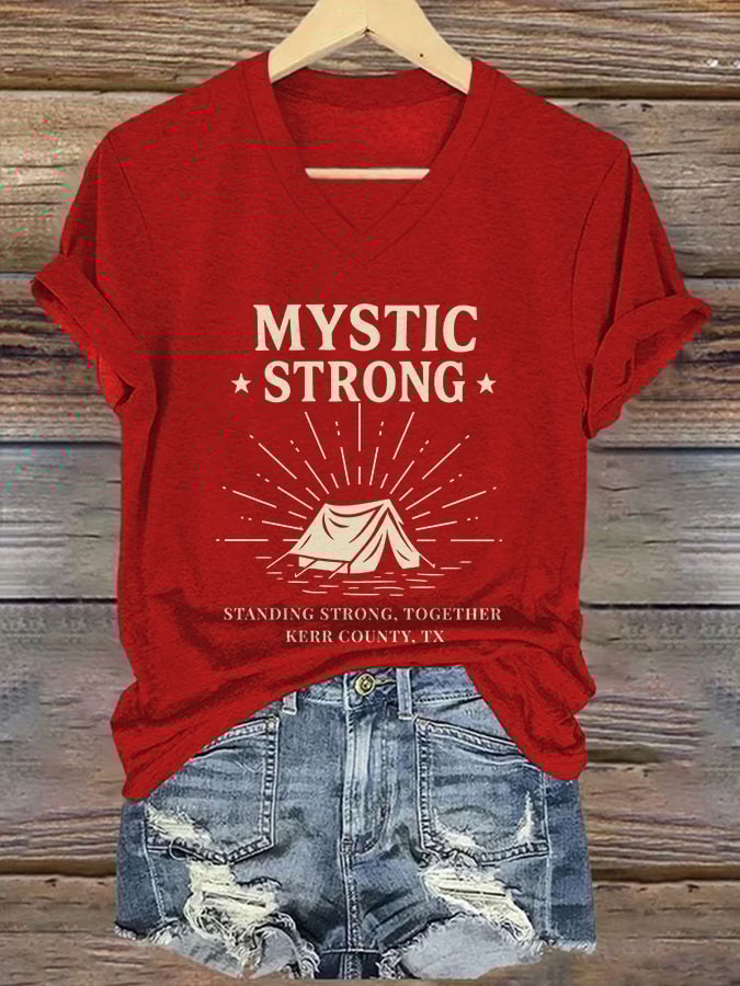 ππJoin us in praying for Texas.πV-Neck Retro Texas Strong Mystic Strong Standing Strong, Together Kerr County, TX Print T-Shirt