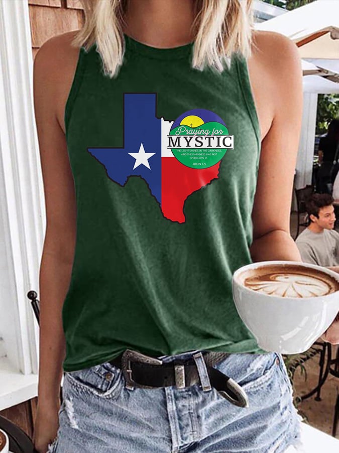 🙏💔Join us in praying for Texas.🙏Retro Texas Strong Praying For Mystic The Light Shines In The Darkness, And The Darkness Has Not Overcome It. John 1:5 Print Tops Tank