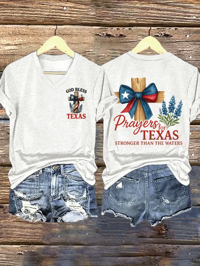ππJoin us in praying for Texas.πV-Neck Retro Texas Strong Prayers For Texas Stronger Than The Waters God Bless Texas Print T-Shirt