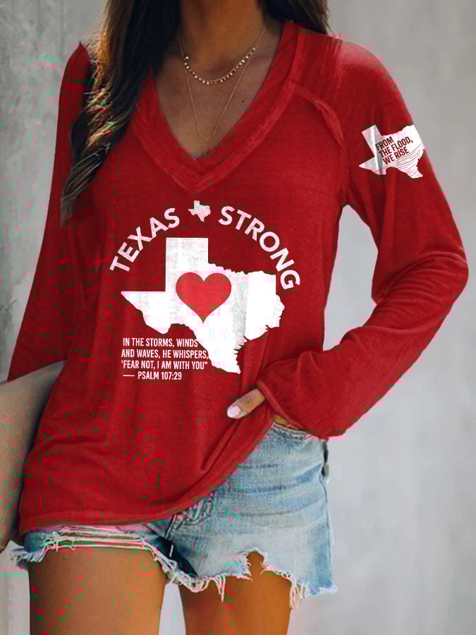 🙏💔Join us in praying for Texas.🙏V-neck Retro Texas Strong From The Flood, We Rise Texas Strong In The Storms, Winds And Waves, He Whispers,“Fear Not, I Am With You”— Psalm 107:29 Print T-Shirt