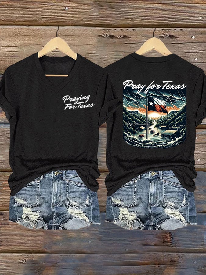 🙏💔Join us in praying for Texas.🙏Women's Texas Flood Print V-Neck T-Shirt