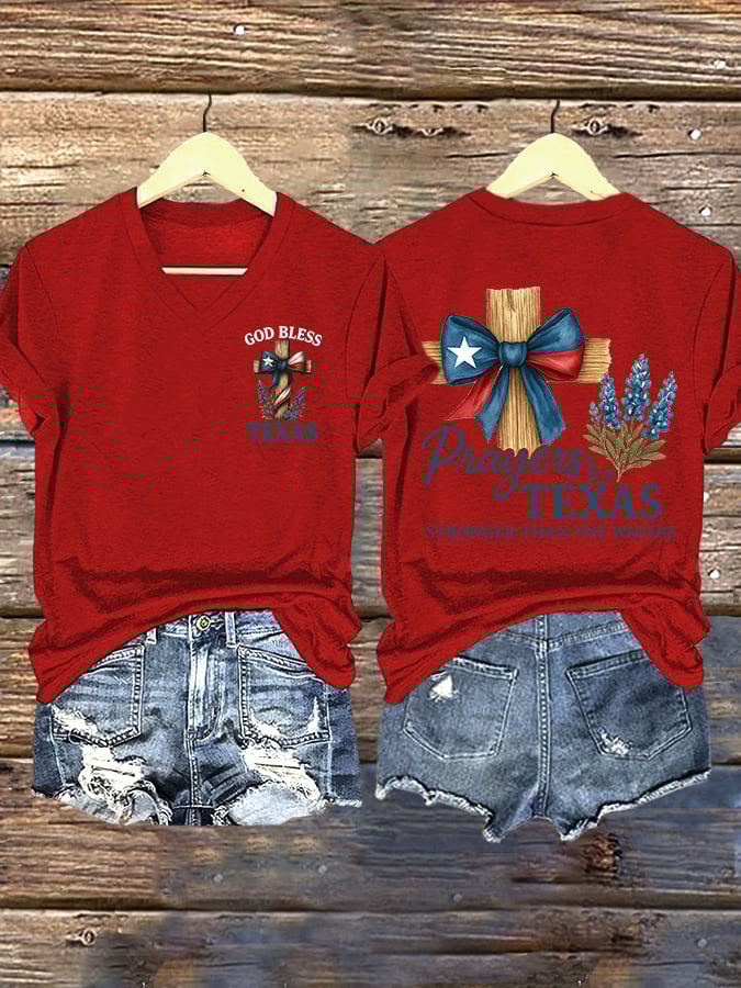 ππJoin us in praying for Texas.πV-Neck Retro Texas Strong Prayers For Texas Stronger Than The Waters God Bless Texas Print T-Shirt