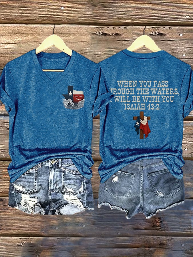ππJoin us in praying for Texas.πV-Neck Retro Prayers For Texas Texas Strong When You Pass Through The Waters, I Will Be With You. Isaiah 43:2 Faith Cross Print T-Shirt