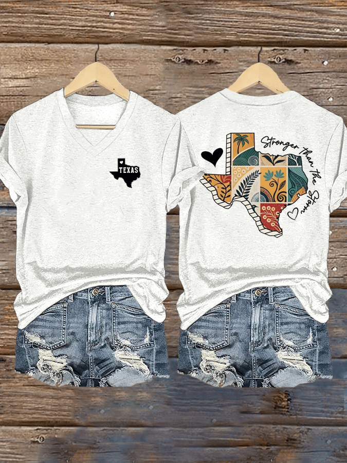 🙏💔Join us in praying for Texas.🙏Women's Texas Stronger Than The Storm Print V-Neck T-Shirt