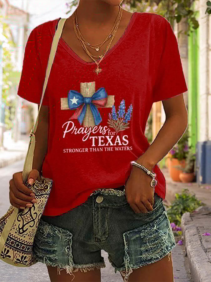 ππJoin us in praying for Texas.πV-Neck Retro Texas Strong Prayers For Texas Stronger Than The Waters Faith Cross Print T-Shirt