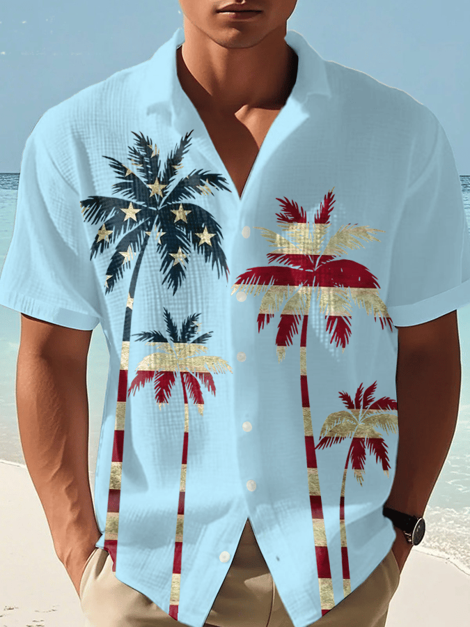 Men's Independence Day Palm Tree Print Casual Waffle Shirt