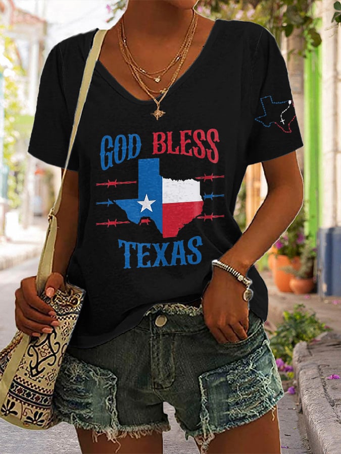 ππJoin us in praying for Texas.πV-Neck Retro Texas Strong God Bless Texas Print T-Shirt
