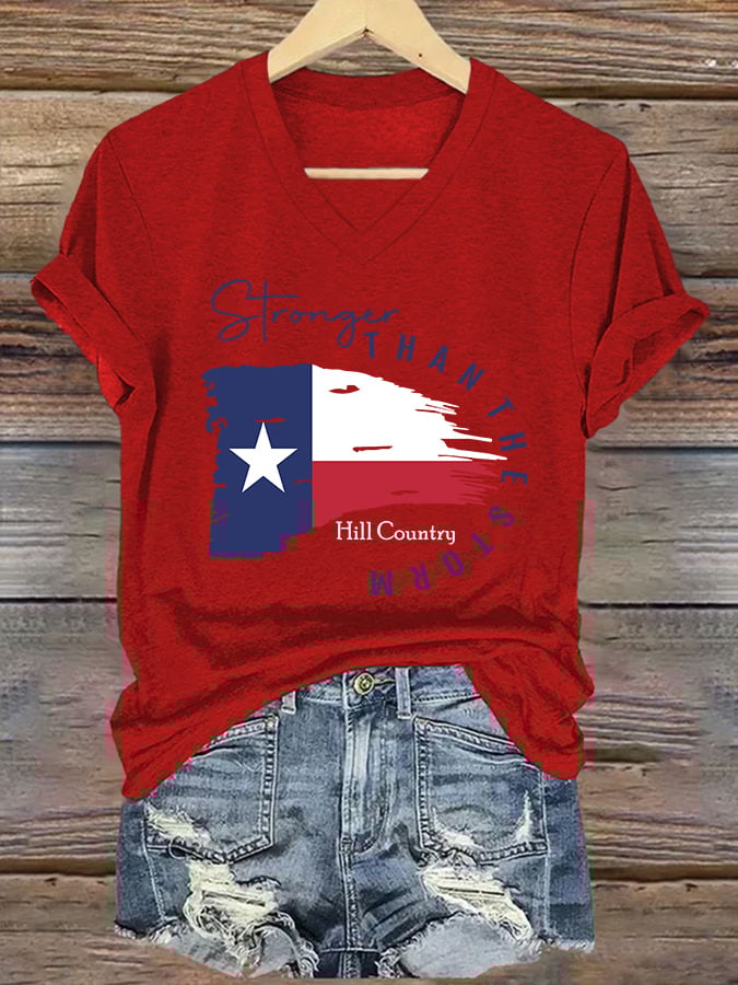 ππJoin us in praying for Texas.πV-Neck Retro Texas Strong Hill Country Stronger Than The Storm Print T-Shirt