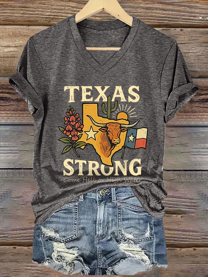 ππJoin us in praying for Texas.πV-Neck Retro Texas Strong Come Hell Or High Water Print T-Shirt