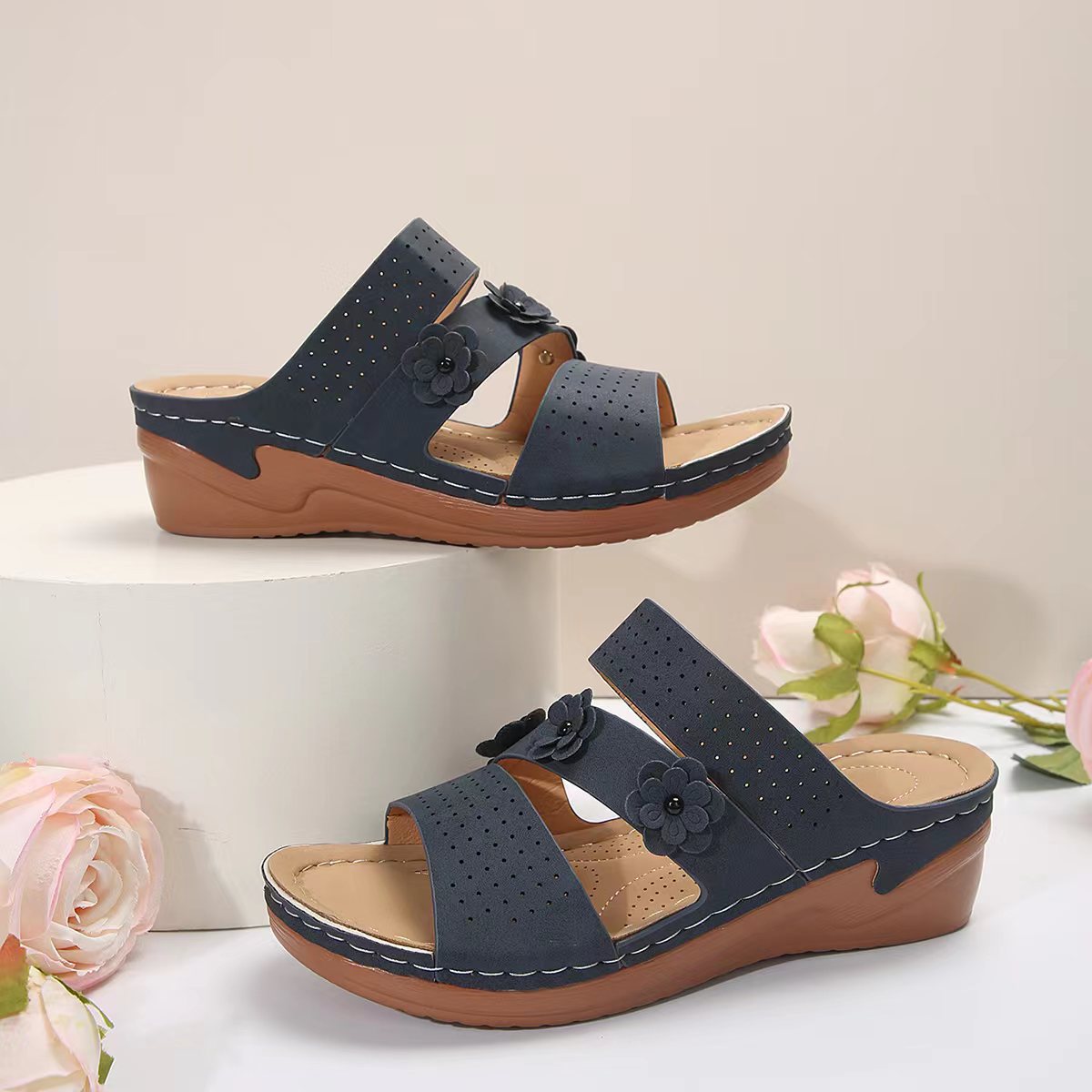 Flower Design Suede Wedge Sandals