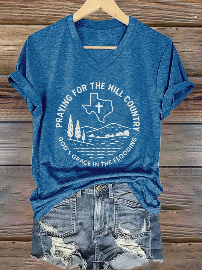 ๐๐Join us in praying for Texas.๐V-Neck Retro Texas Strong Praying For The Hill Country Godโs Grace In The Flooding Print T-Shirt