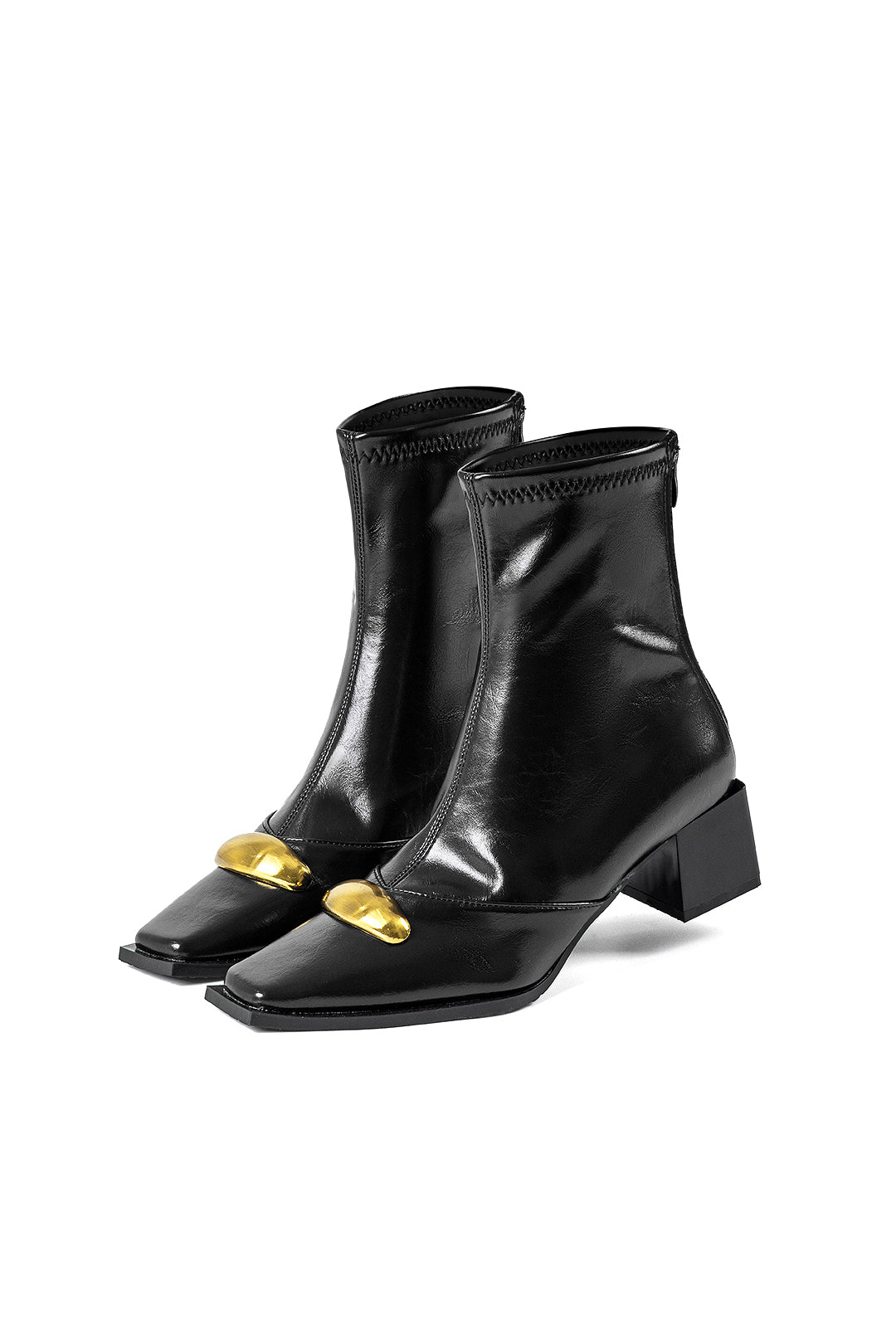 Faux Leather Metallic Zipper Square Toe Ankle Boots