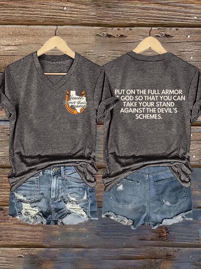 ππJoin us in praying for Texas.πV-Neck Retro Texas Strong Heaven Knows Their Names Put On The Full Armor Of God So That You Can Take Your Stand Against The Devil's Schemes Print T-Shirt