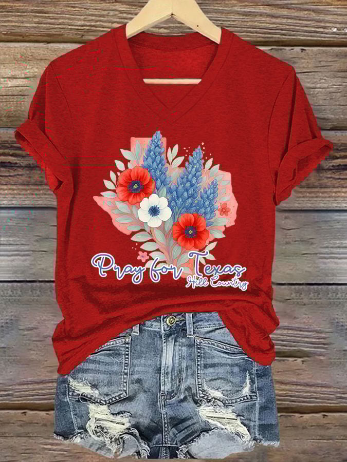 ππJoin us in praying for Texas.πV-Neck Retro Texas Strong Pray For Texas Hill Country Print T-Shirt