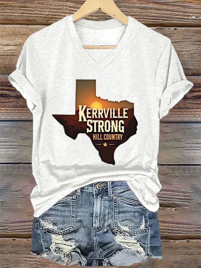 ππJoin us in praying for Texas.πV-Neck Retro Kerrville Strong Hill Country StrongPrint T-Shirt