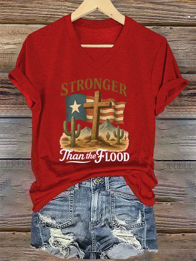 ππJoin us in praying for Texas.πV-Neck Retro Texas Strong Stronger Than The Flood Faith Cross Print T-Shirt