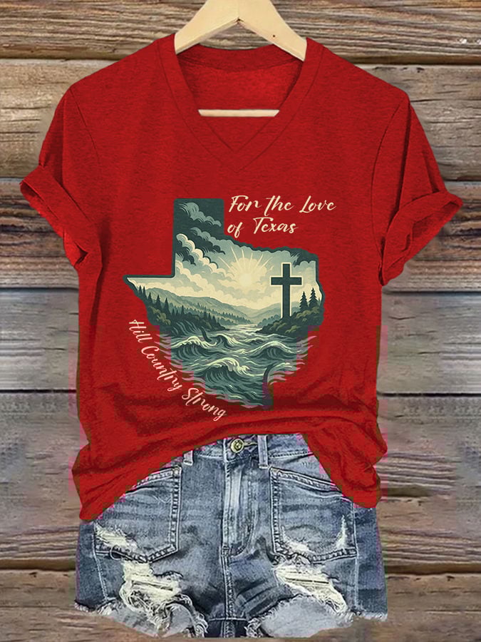ππJoin us in praying for Texas.πV-Neck Retro For The Love Of Texas Hill Country Strong Print T-Shirt