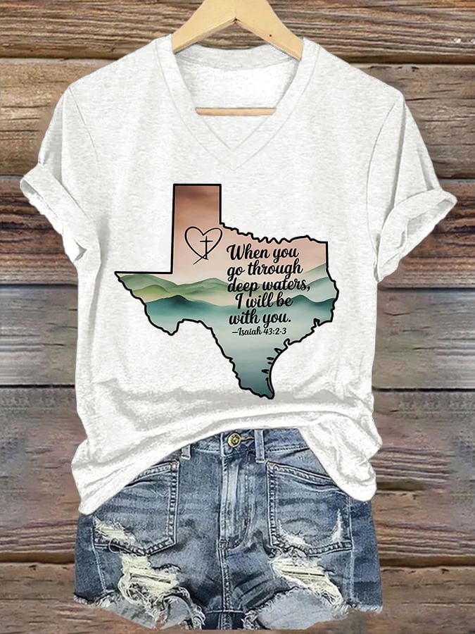 ππJoin us in praying for Texas.πV-Neck Retro Texas Strong When You Go Through Deep Waters, I Will Be With You. Isaiah 43:2 Print T-Shirt
