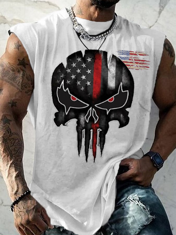 Men's American Flag Independence Day Skull Print Casual Tank Top