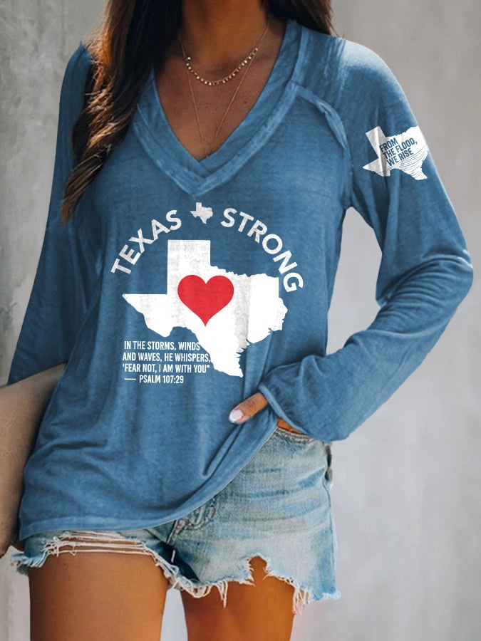 🙏💔Join us in praying for Texas.🙏V-neck Retro Texas Strong From The Flood, We Rise Texas Strong In The Storms, Winds And Waves, He Whispers,“Fear Not, I Am With You”— Psalm 107:29 Print T-Shirt
