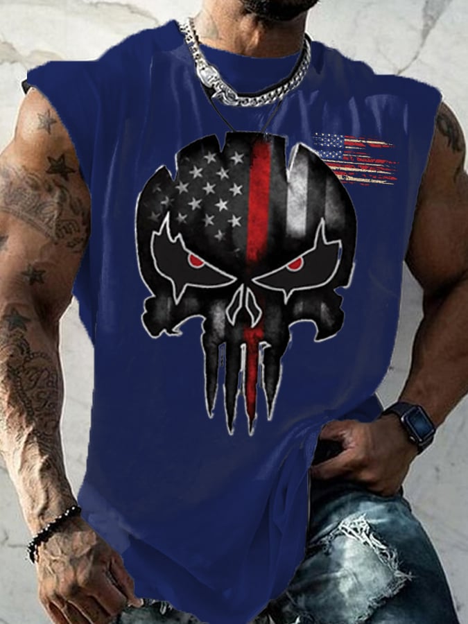 Men's American Flag Independence Day Skull Print Casual Tank Top