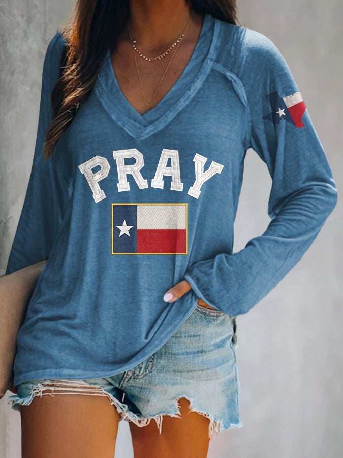 ππJoin us in praying for Texas.πV-neck Retro Pray For Texas Texas Strong Print T-Shirt