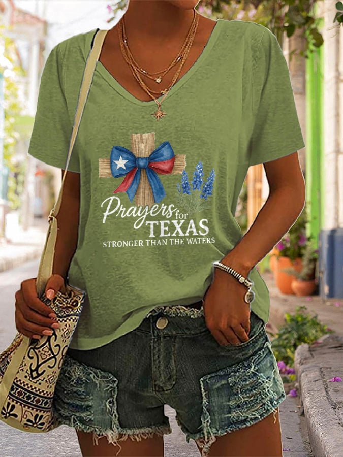 ππJoin us in praying for Texas.πV-Neck Retro Texas Strong Prayers For Texas Stronger Than The Waters Faith Cross Print T-Shirt
