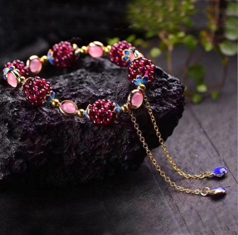 Natural Garnet and Rose Quartz Pomegranate Gemstone Bracelet