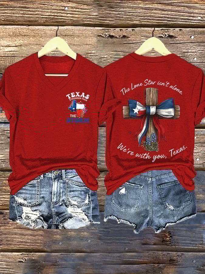 ππJoin us in praying for Texas.πV-Neck Retro Texas Stronger Than The Storm The Lone Star Isn't Alone. We'Re With You, Texas Print T-Shirt