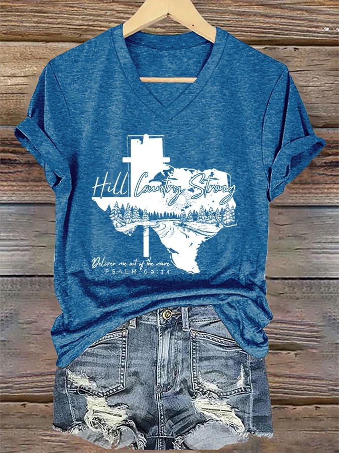 ππJoin us in praying for Texas.πV-Neck Retro Texas Strong Hill Country Strong Deliver Me Out Of The Mire Psalm 69:14 Print T-Shirt
