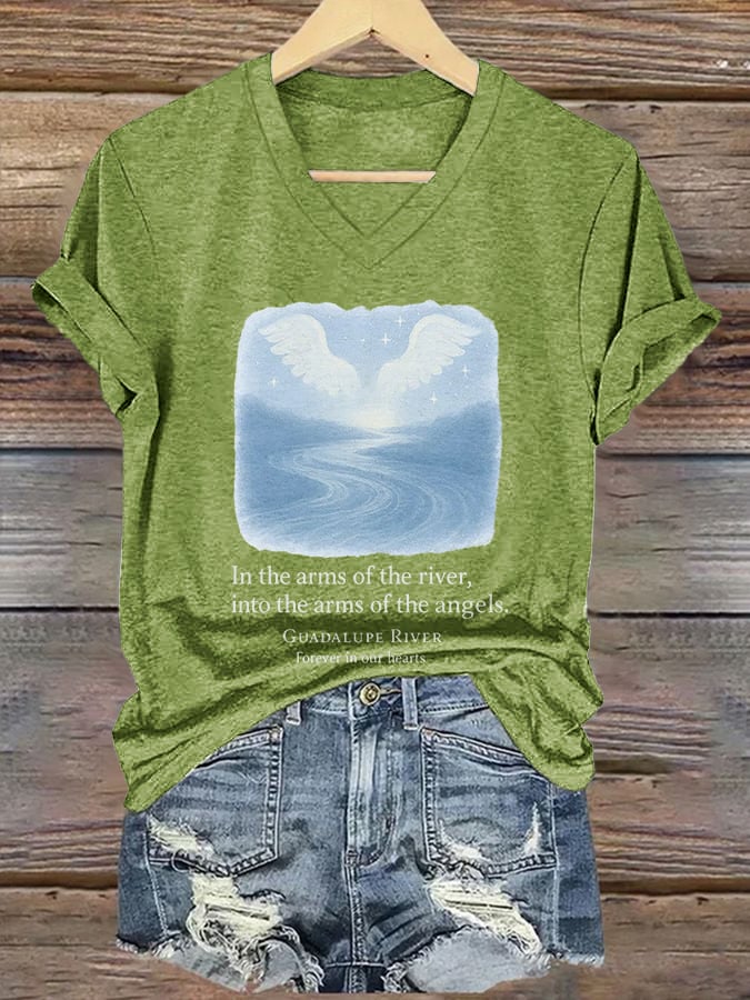 ππJoin us in praying for Texas.πV-Neck Retro Texas Strong In The Arms Of The River, Into The Arms Of The Angels. Guadalupe River Forever In Our Hearts Print T-Shirt