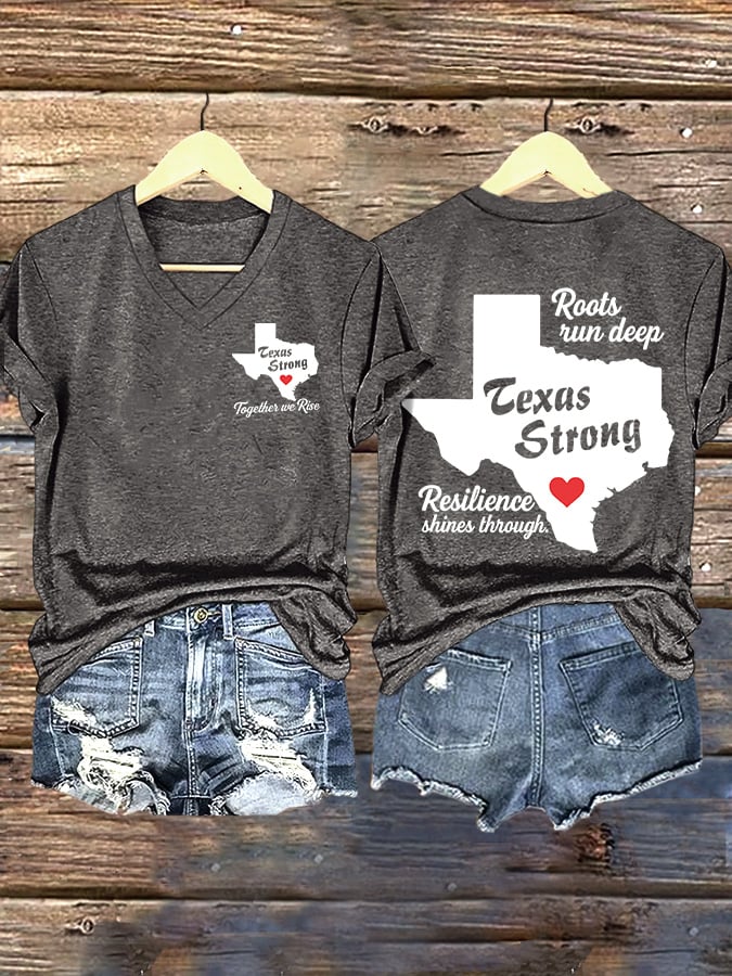 ππJoin us in praying for Texas.πV-Neck Retro Texas Strong Together We Rise Roots Run Deep Texas Strong Resilience Shines Through Print T-Shirt