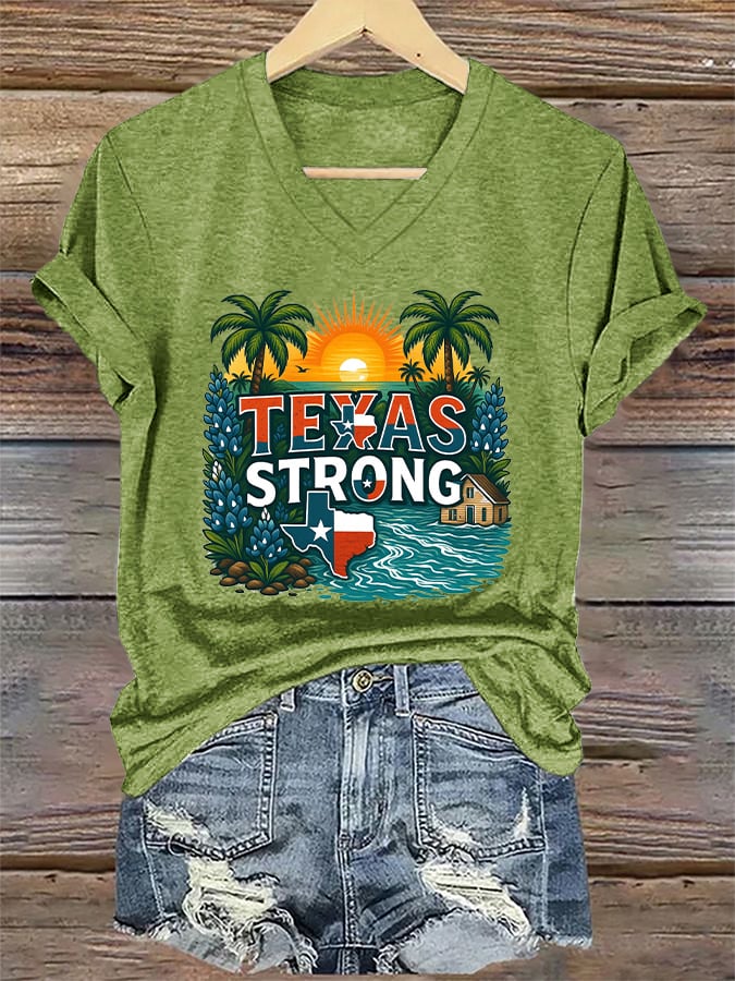 ππJoin us in praying for Texas.πV-Neck Retro Texas Strong Palm Trees Print T-Shirt