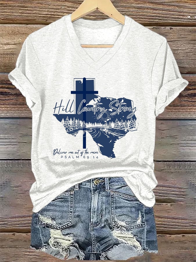 ππJoin us in praying for Texas.πV-Neck Retro Texas Strong Hill Country Strong Deliver Me Out Of The Mire Psalm 69:14 Print T-Shirt