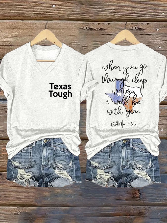 ππJoin us in praying for Texas.πV-Neck Retro Texas Tough When You Go Through Deep Waters, I Will Be With You. Isaiah 43:2 Print T-Shirt