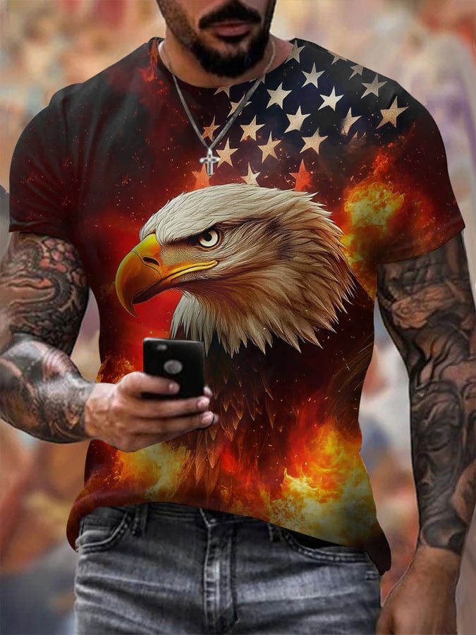 Men's Vintage Independence Day and Skull Print Short Sleeve T-Shirt