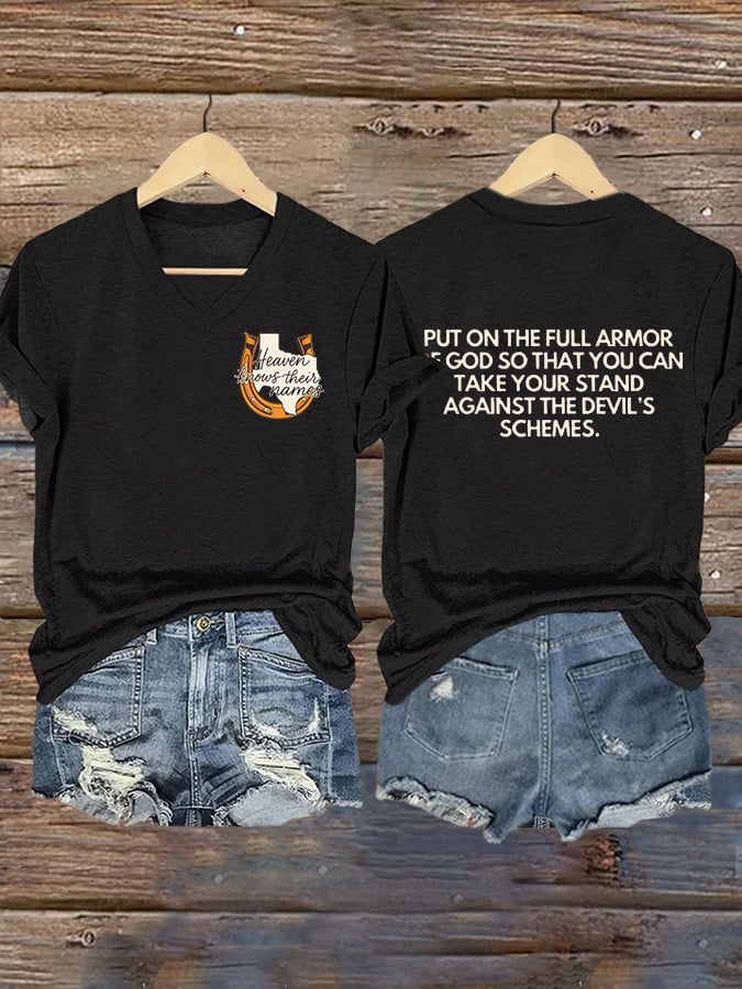 ππJoin us in praying for Texas.πV-Neck Retro Texas Strong Heaven Knows Their Names Put On The Full Armor Of God So That You Can Take Your Stand Against The Devil's Schemes Print T-Shirt