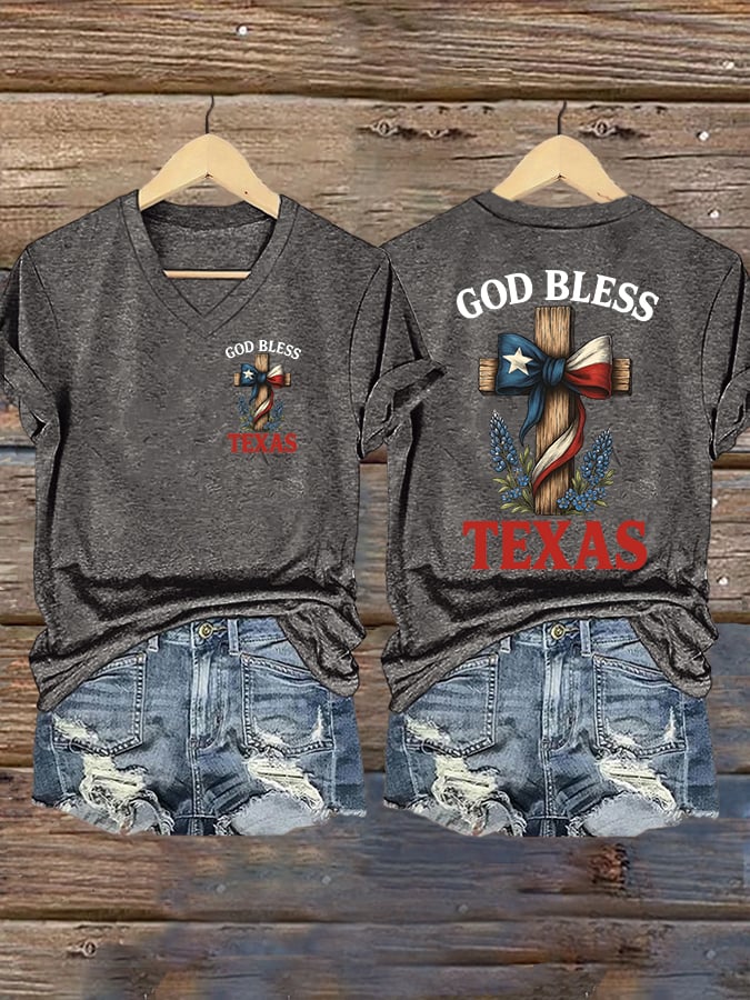 🙏💔Join us in praying for Texas.🙏Women's Retro God Bless Texas Cross Print T-Shirt