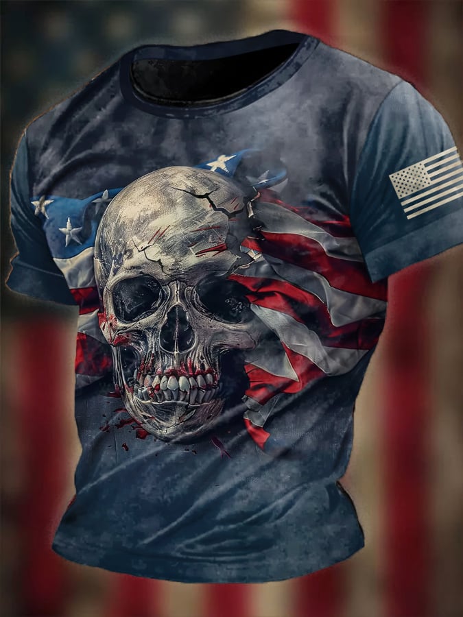 Men's Vintage Flag Skull Print Round Neck T-shirt