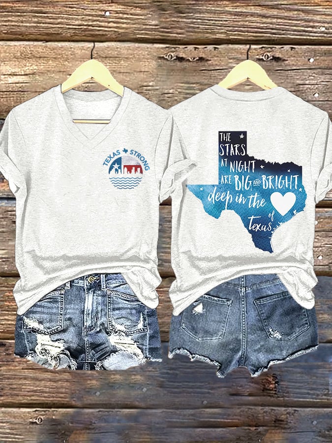 ππJoin us in praying for Texas.πV-Neck Retro Texas Strong The Stars At Night Are Big And Bright Deep In The Heart Of Texas Print T-Shirt