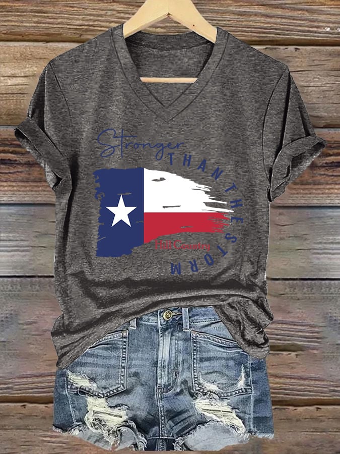 ππJoin us in praying for Texas.πV-Neck Retro Texas Strong Hill Country Stronger Than The Storm Print T-Shirt