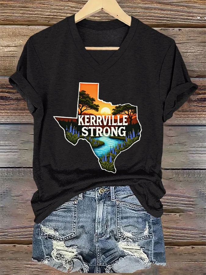 ππJoin us in praying for Texas.πV-Neck Retro Kerrville Strong Print T-Shirt