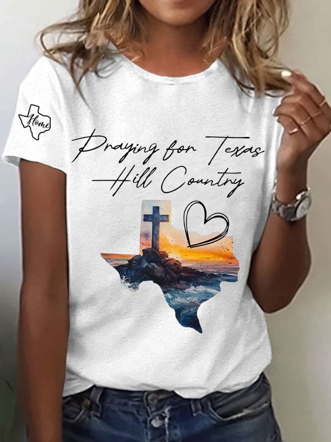 Women's Texas Flood Praying for Texas HILL Country Print Casual T-Shirt