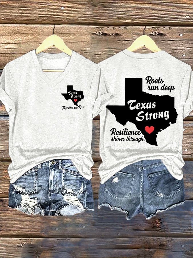 ππJoin us in praying for Texas.πV-Neck Retro Texas Strong Together We Rise Roots Run Deep Texas Strong Resilience Shines Through Print T-Shirt