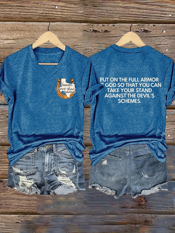 ππJoin us in praying for Texas.πV-Neck Retro Texas Strong Heaven Knows Their Names Put On The Full Armor Of God So That You Can Take Your Stand Against The Devil's Schemes Print T-Shirt