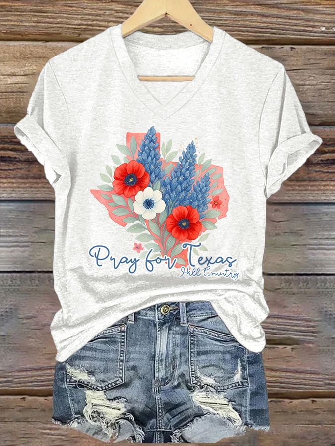 ππJoin us in praying for Texas.πV-Neck Retro Texas Strong Pray For Texas Hill Country Print T-Shirt