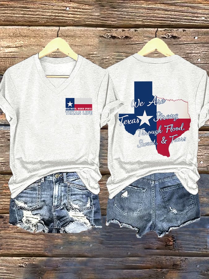 ππJoin us in praying for Texas.πV-Neck Retro Texas Strong High Water, Higher Spirits Texas Life We Are Texas Strong Through Flood, Sweat, And Tears Print T-Shirt